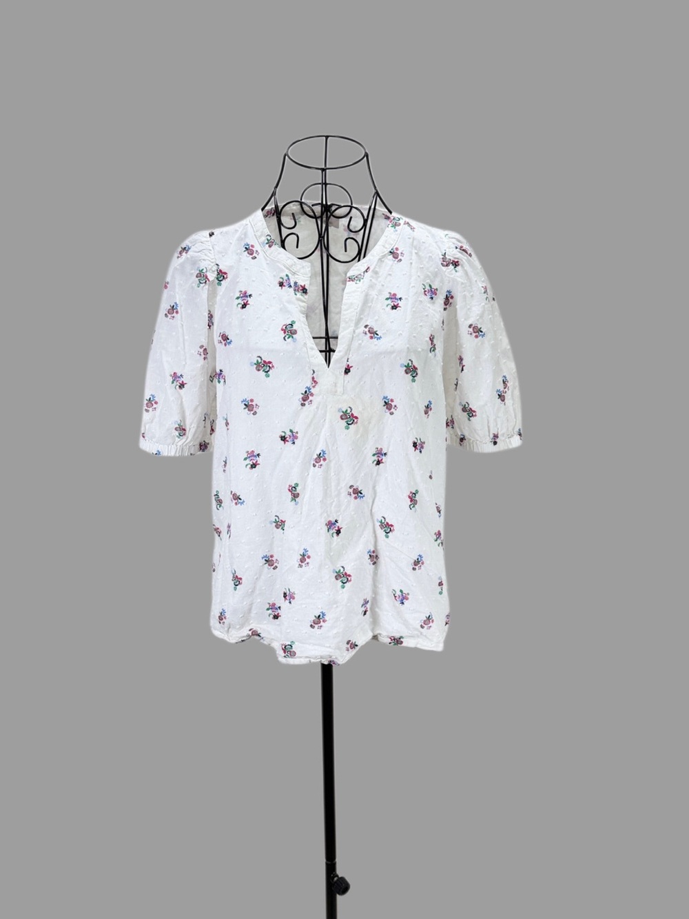 LOFT Outlet M White Floral Swiss Dot Lined Cotton Puff Sleeve Blouse